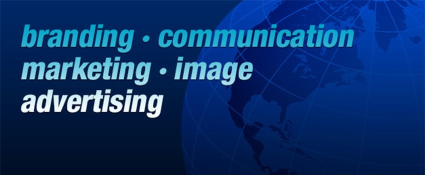 Graphic of the world with the words 'branding, communication marketing, image, advertising'